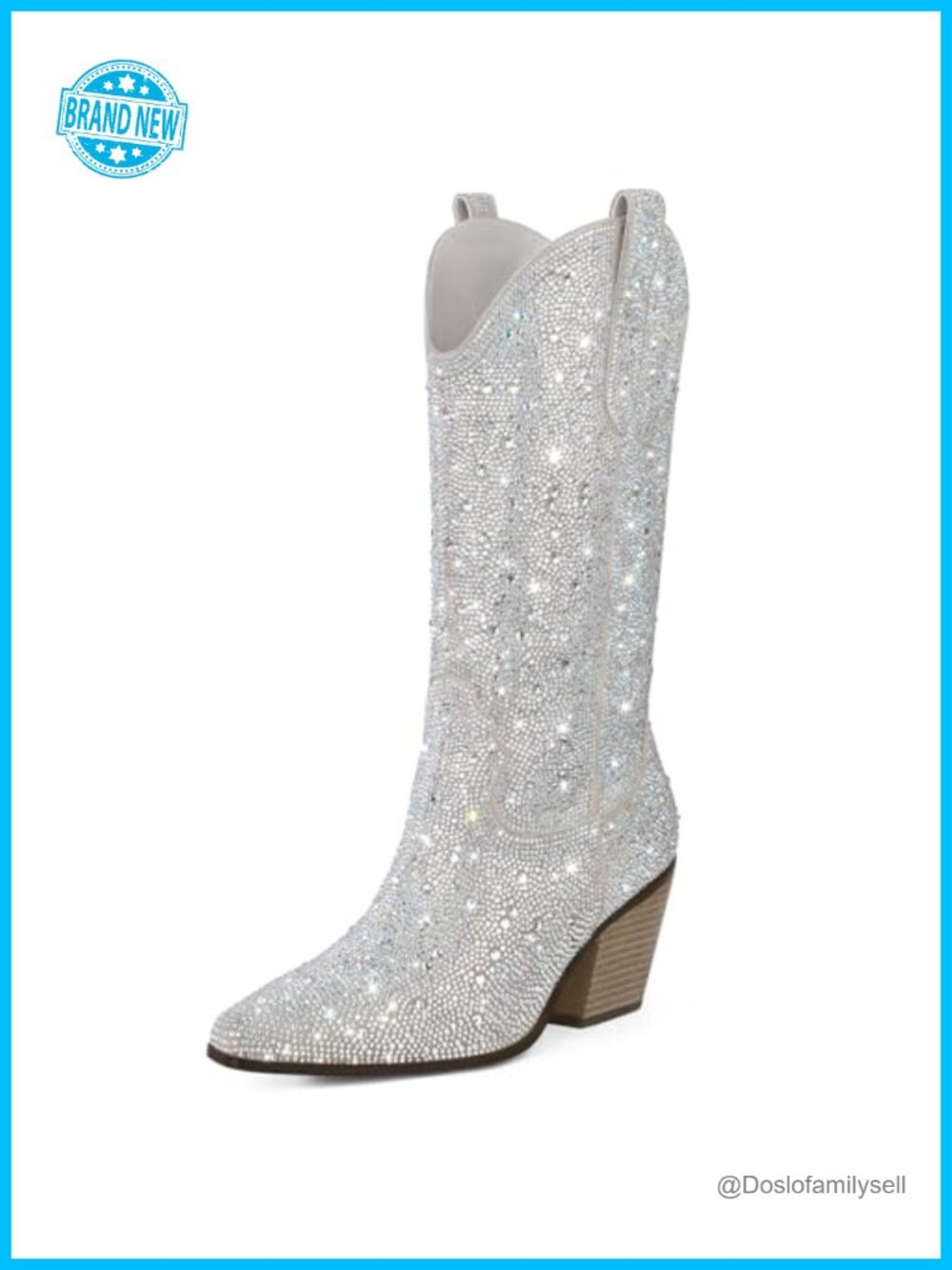 Rhinestone Mid Calf Western Cowboy Boots Block Heel Pointed Toe Pull-On
